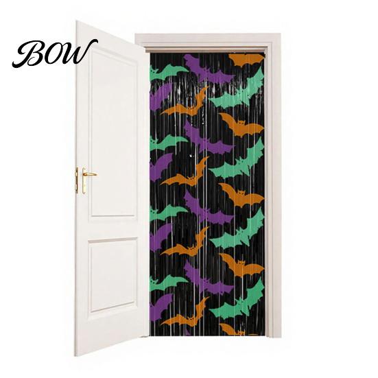 Holiday Party Backdrop Foil Fringe Curtain for Halloween, Orange Purple Black Background Spooky Decor Photo Booth Props, Pumpkin Ghost Bat Halloween