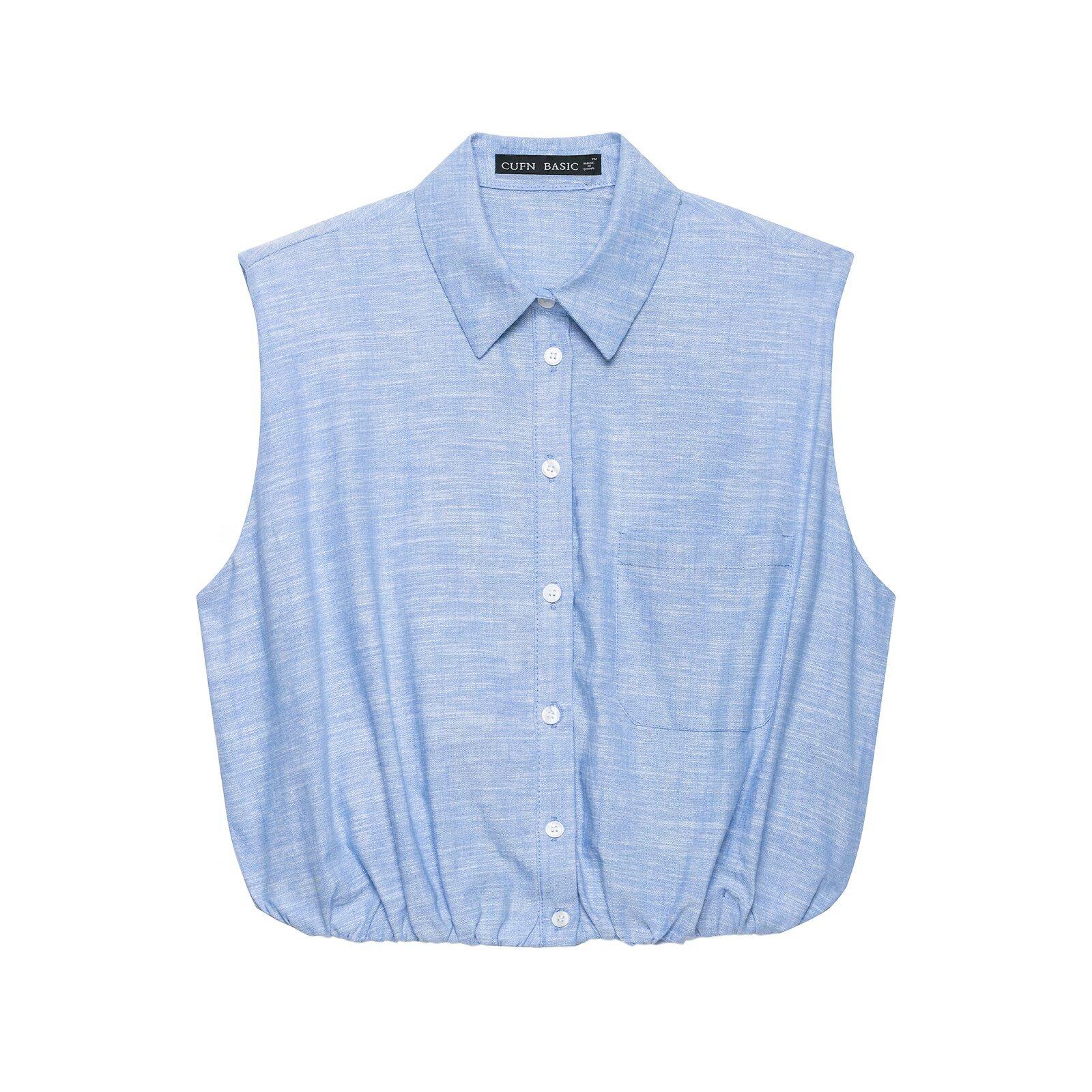 European and American style new women s clothing: linen blend puff shoulder top, linen blend wide-leg pants XS