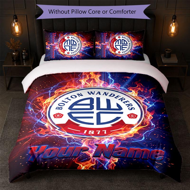 Bolton Wanderers FC Individuelles Namens-Text-Bettwäscheset 1 Bettbezug+2 Kissenbezüge Fußball-Logo Personalisierte Geschenkidee für besondere Anlässe Schlafzimmerdekoration