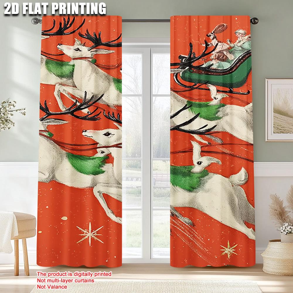 2pcs,2D Plane Printing Pattern Curtains Merry Christmas Santa Claus & Reindeer Durable 100% Polyester Fabric (without Rod) All