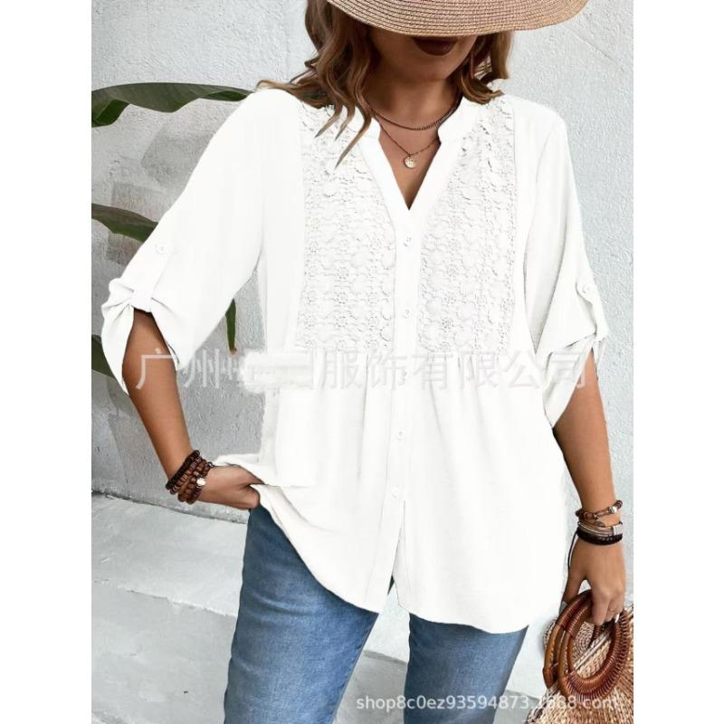 Plus Size Women S Lace Splice V Neck Long Sleeve Shirt