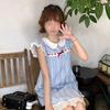 Korean sweet doll collar small flying sleeve blue grid dress women's small summer new loose bow skirt