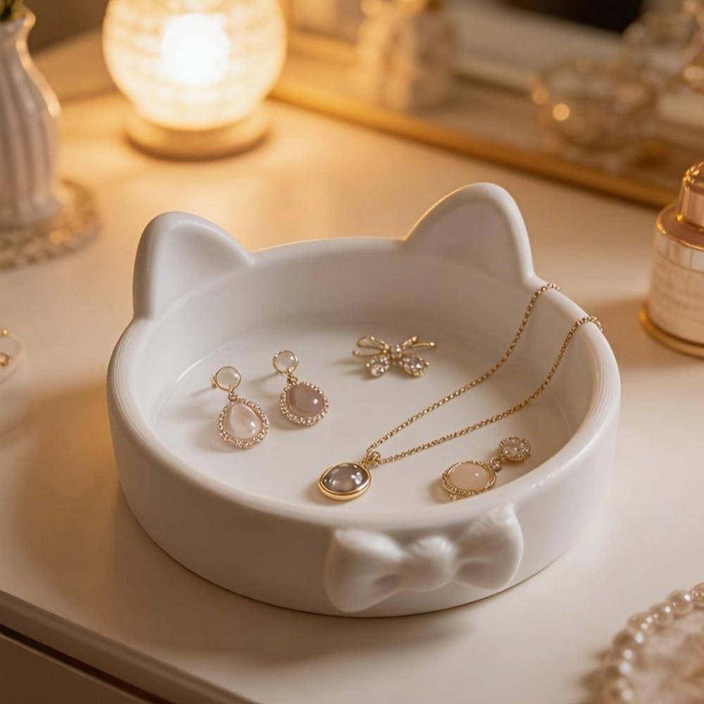 3D Printed Bow Jewelry Plate Cute Non-Slip Jewelry Holder Paw Print-Like Base Ornaments Cat Ear Storage Trays Office Desks