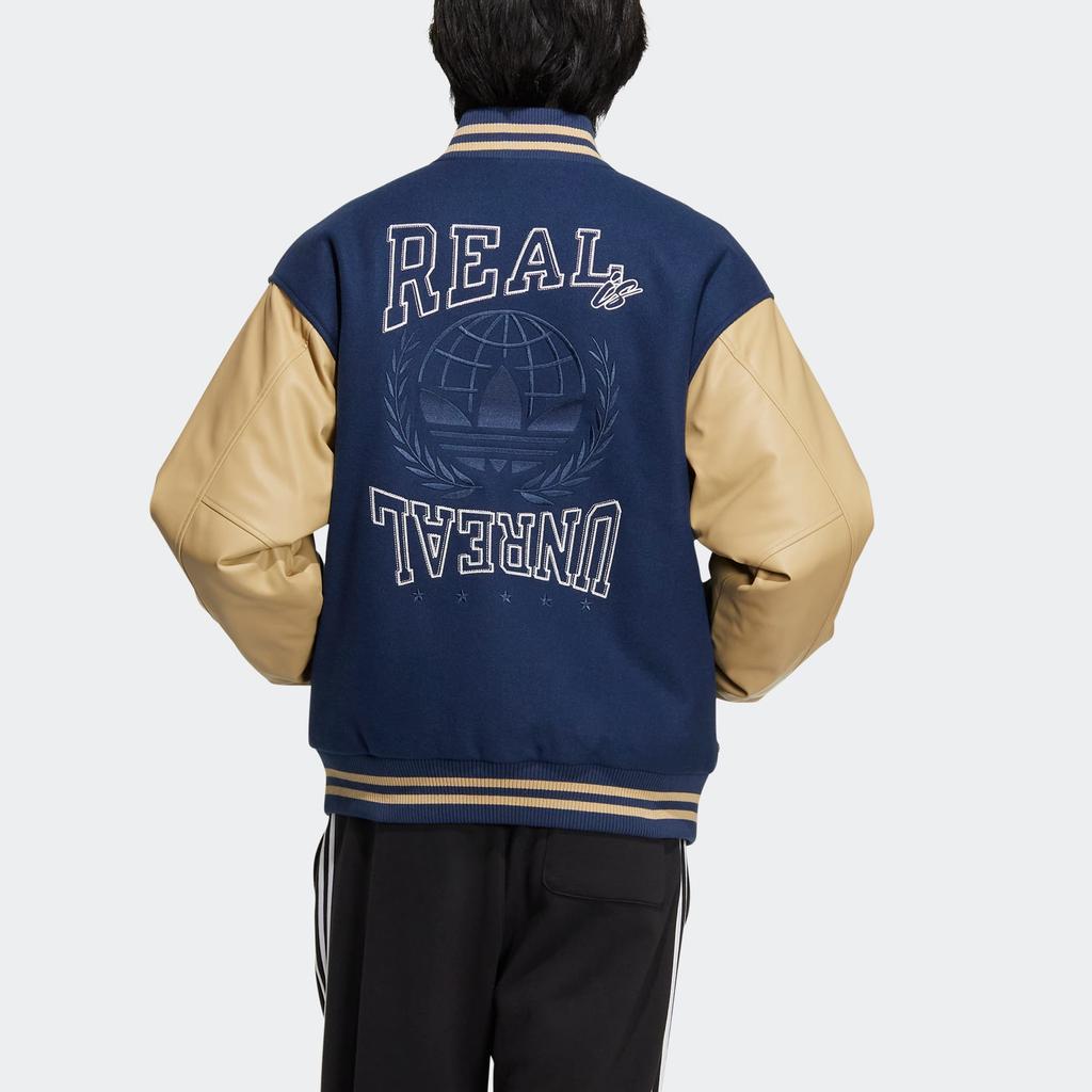 Adidas Originals Trefoil Mc Varsity Jacket With Patchwork Print And Snap Buttons Men Jacket Blue HZ7092