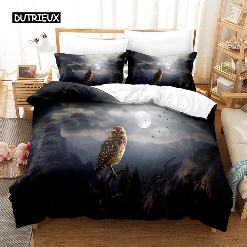 Owl Duvet Cover Set Microfiber Cute White Owl Comforter Cover Bird Animal Quilt Cover for Boys Teens Adults Double Queen Size