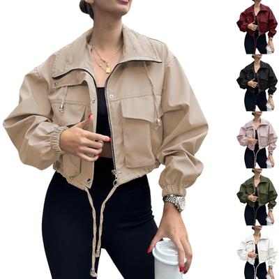 Women's Fashionable Solid Color Long Sleeved Pocket Short Jacket With Zipper Windbreaker Jacket