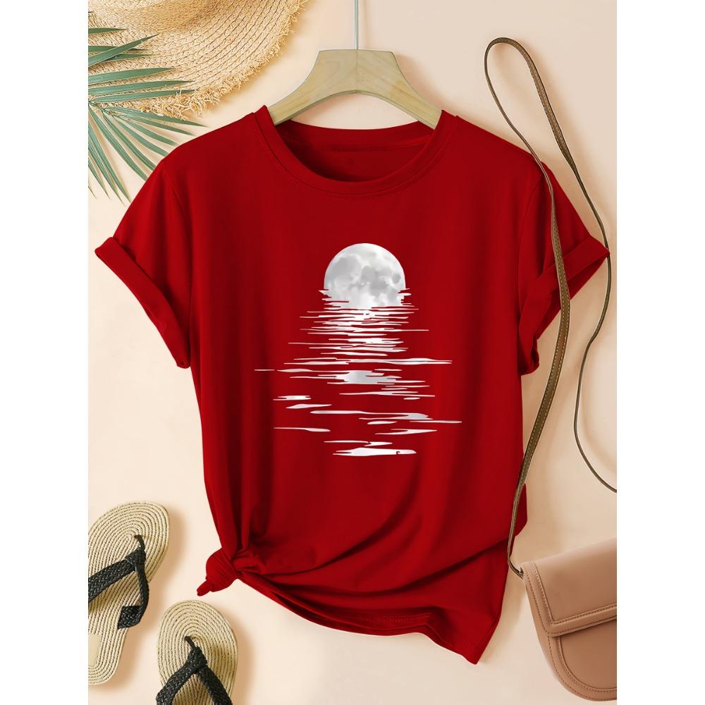 Moonlight Over Water Women's Tee - Minimalist Graphic, Casual Gray Top
