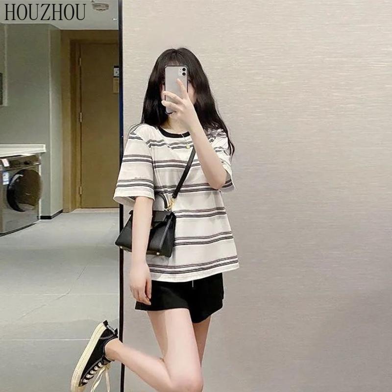 HOUZHOU Stripete T-skjorte Dame Grønn Kortermet Sommer Løs Stor størrelse Korean Chic Casual Topper