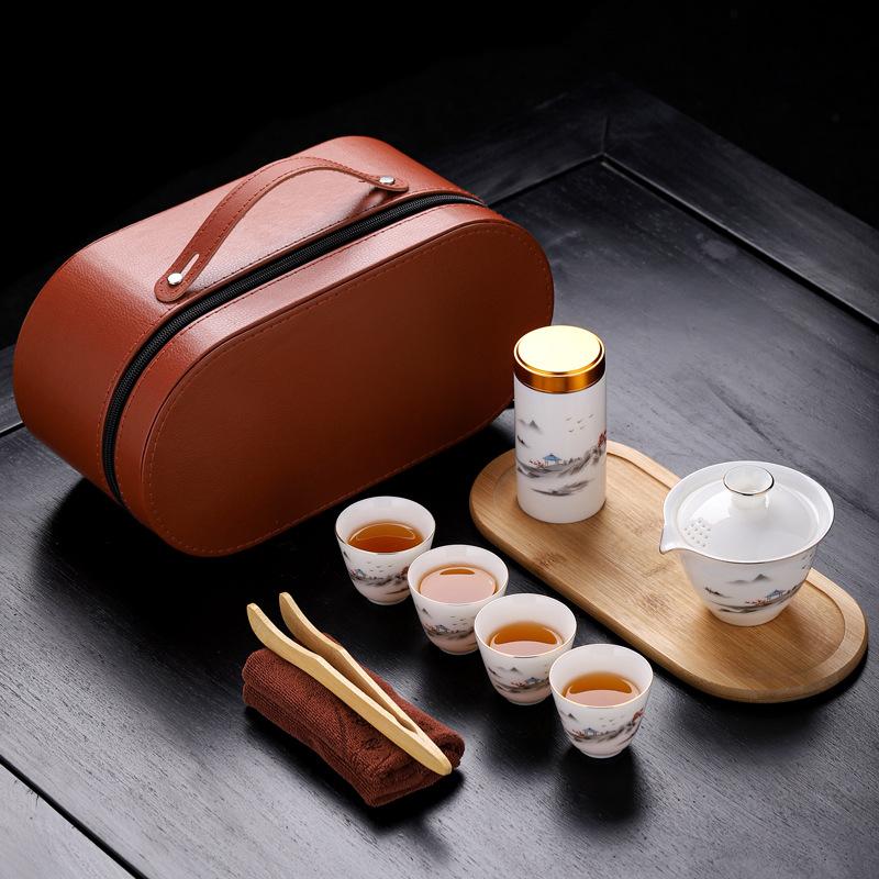 Ceramic Creative Souvenir Suet Jade Porcelain Portable Travel Tea Set Business Company Annual Meeting Festival Gifts