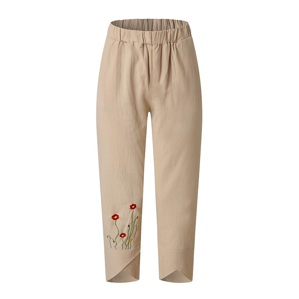 Women's summer casual loose cotton and linen embroidered wide-leg pants