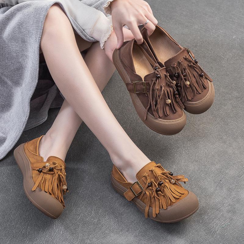 Fashion Spring Autumn genuine leather flat shoes for women with soft soles tassel retro women's shoes with top layer cowhide casual shoe