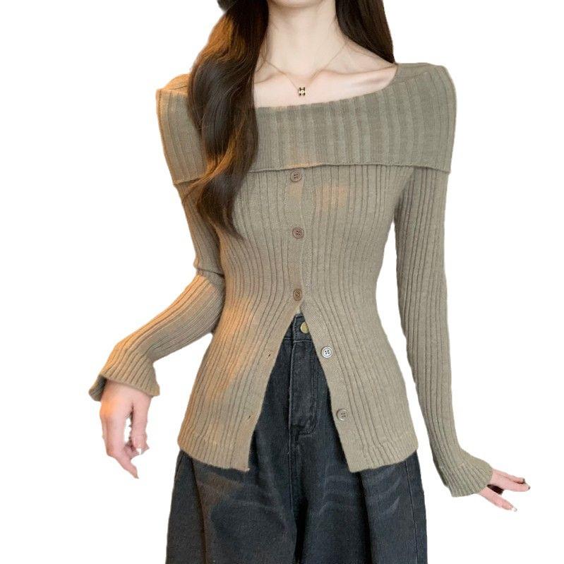 

Женский свитер на одно плечо в начале осени, дизайн, облегающий крой, рубашка с зауженным низом, вязаный свитер с завышенной талией one size fits all