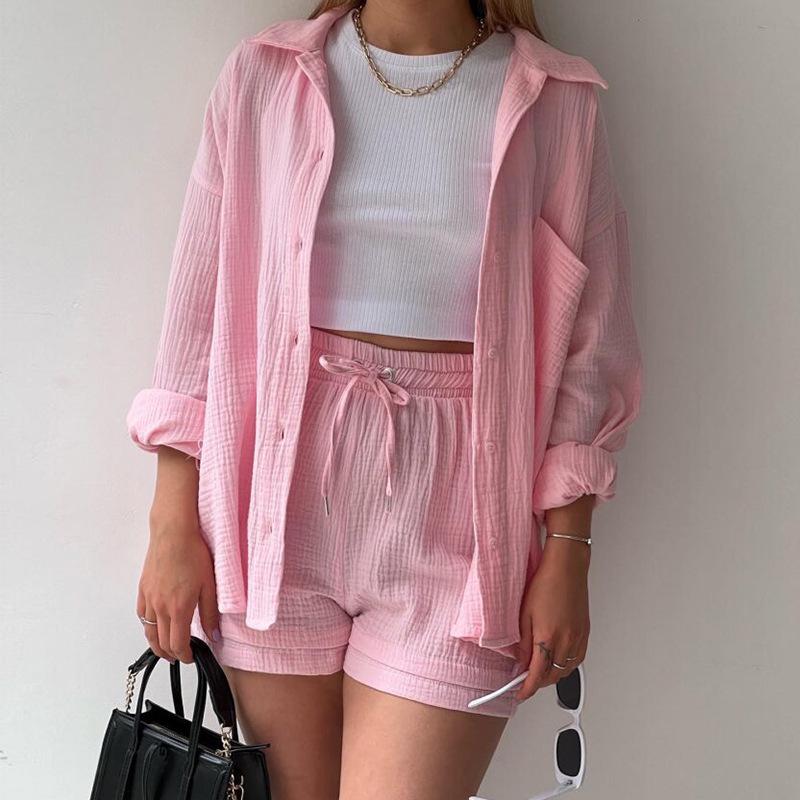 European and American Women's Crinkle Lapel Shirt & High Waist Shorts Two-Piece Set