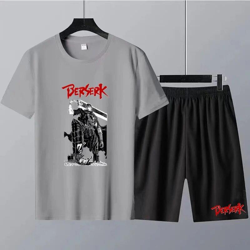 Japanese Anime Berserk Print Men's Round Neck T-shirt Sets Summer T-Shirt Shorts 2pcs Set Oversized Tracksuit Casual Men Clothes