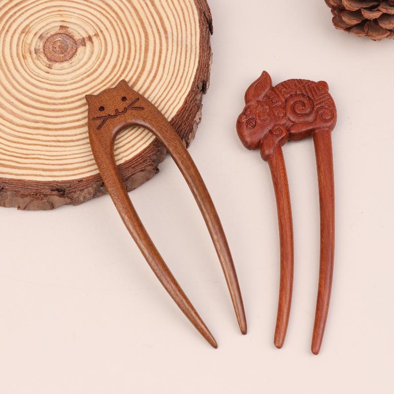 Wooden Hair Stick U-Shaped Hair Fork Cat Butterfly Chinese Style Hairpin Headwear Girl Hair Accessories