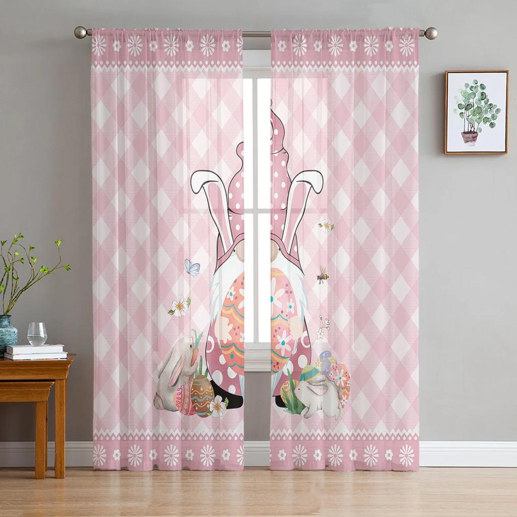 Light Filtering Easter Retro Farm Style Bunny Curtains Bedroom Living Room Festival Decor Cute Rabbit Kitchen Window Tulle Curtain Polyester Washable