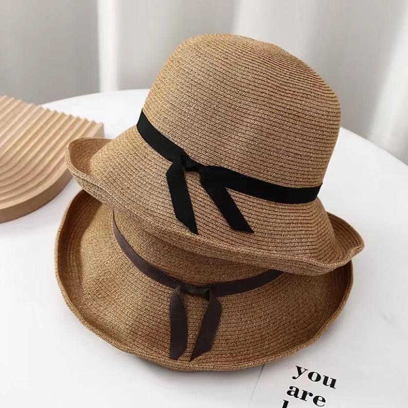 Straw Hat Women UV Literary and Simple Temperament Versatile Straw Bucket Hat Summer Sunshade Sun Hat Foldable
