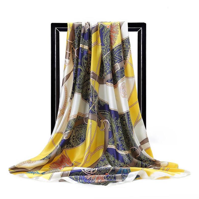 Scarves 90*90Cm Women Print Twil Hair Neck Square Silk Scarf Office Lady Shawl Bandana 90X90Cm Muslim Hijab Handkerchief Korean