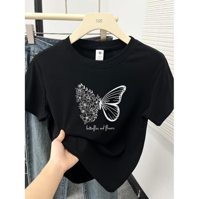 Damen Weißes T-Shirt Schwarzer Schmetterling Floral Print Rundhals Kurzarm Weicher Stoff Elegant Lässig Stilvoll Bluse Top