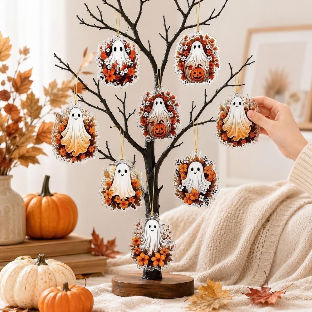 8pcs 2D Flat Acrylic Halloween Ghost Pendant Pumpkin Maple Leaf Halloween Decorations Cat Dark Style Ghost Hanging Ornaments
