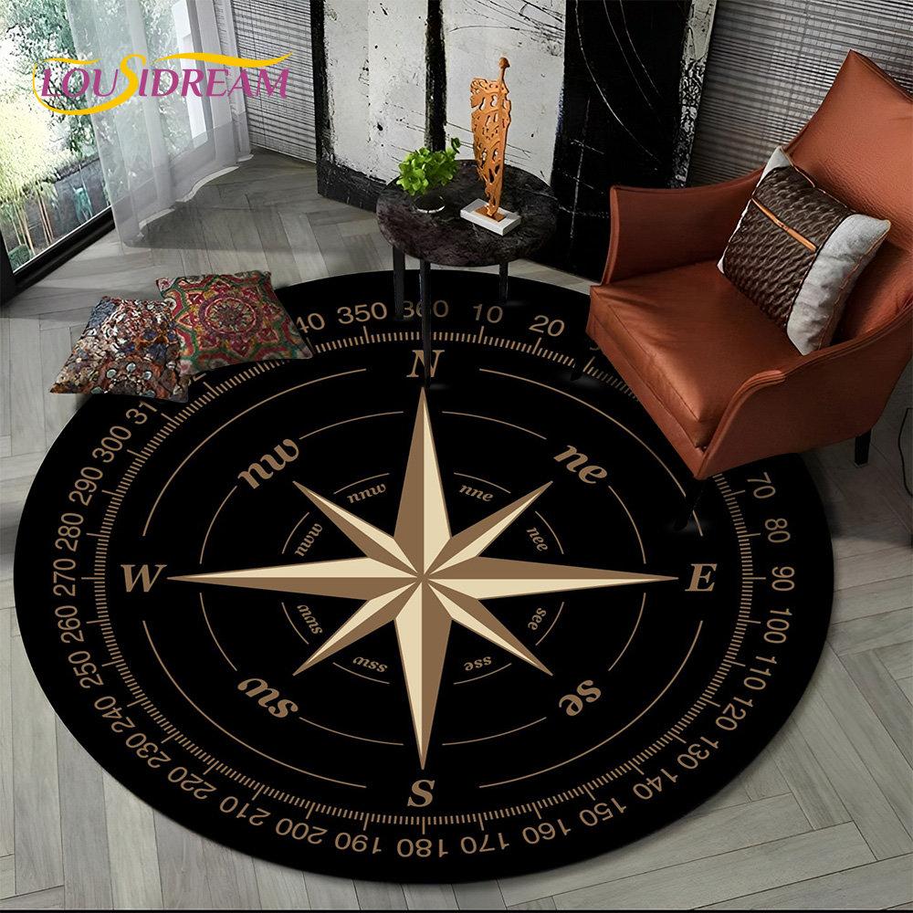 3D Retro Compass Series Circle Area Rug,Round Carpet Rug for Living Room Bedroom Sofa Foot Pad Decor Non-slip Floor Mat Gift