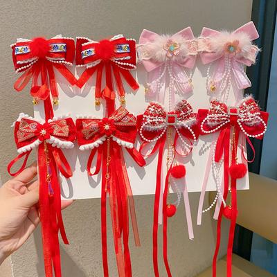 Girl's Red Festive New Year Hair Accessory Hanfu Headwear Children's Chinese Style Princess Bow Tassel Clip