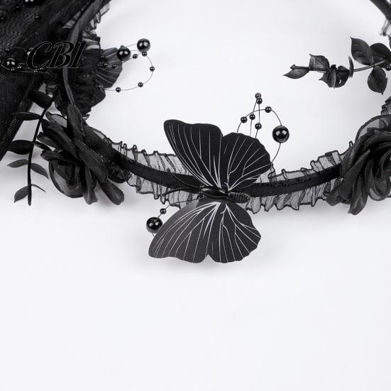 Halloween Headpiece Dark Rose Black Butterfly Veil Headband, Hair Hoop with Beaded Mesh Long Gradient Accessory Tulle for Ghost Bride Cosplay