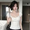 Summer new sweet wind lace lace lace-up bubble sleeve T-shirt women's design sense slim and thin versatile top