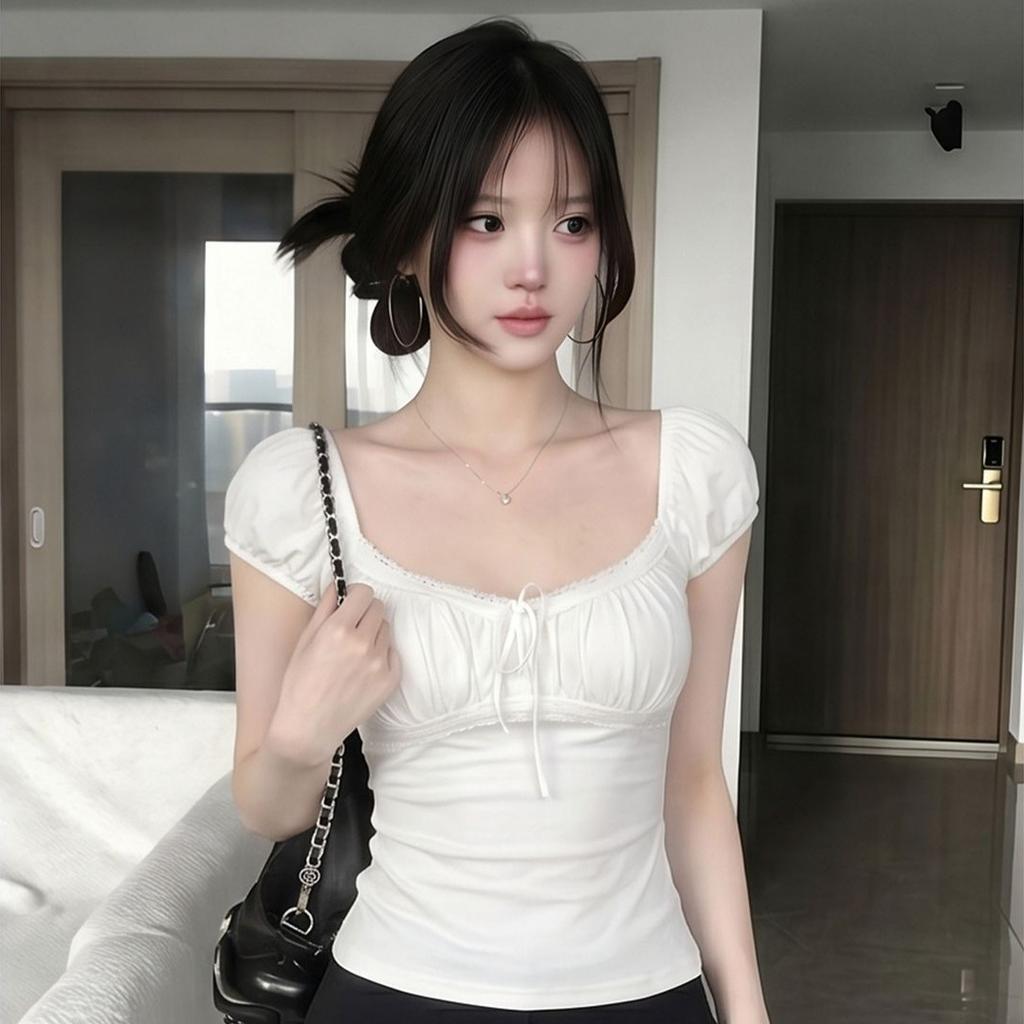 Summer new sweet wind lace lace lace-up bubble sleeve T-shirt women's design sense slim and thin versatile top