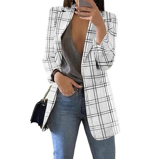 Women Suit Coat Lapel Long Sleeve Open Front Suit Jacket with Pockets Plaid Print
