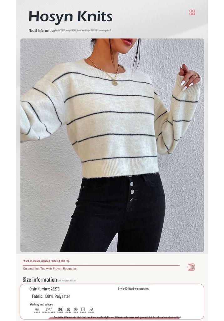 Women's Striped Crew Neck Sweater - Loose Knitwear, Long Sleeve Pullover for Autumn/Winter