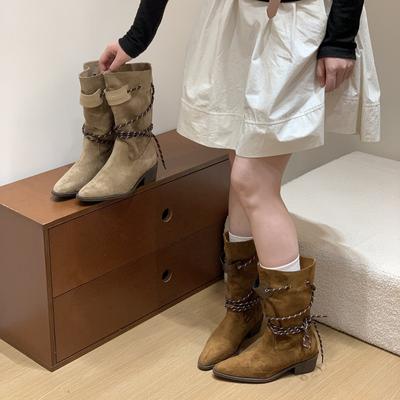 Retro Thick Heel Brown Suede Medium Tube Stacking Boots Women's 2025 New Thin Boots Spring and Autumn Single Boots Western Short Boots