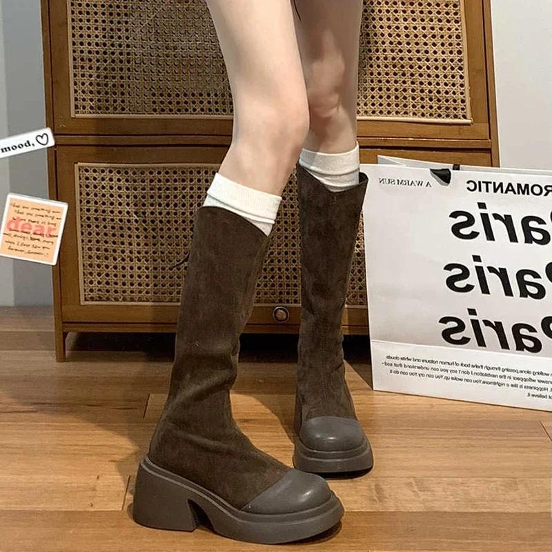 Fashion Thick Heel Women Knee High Boots Fashion Square Toe Shoes Winter Laides Concise Knight Long