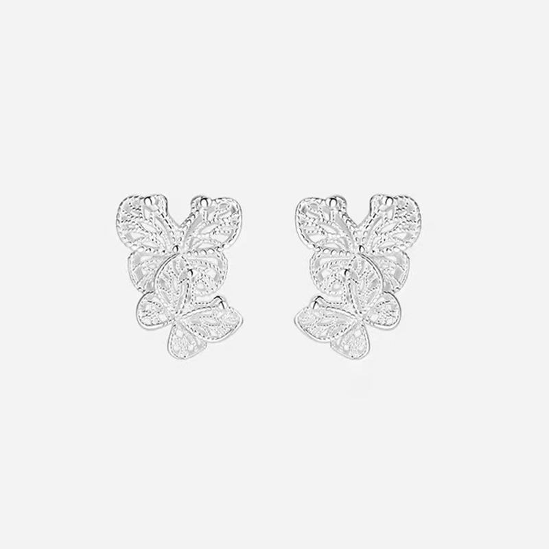 Real 925 Silver Lace Hollow Butterfly Stud Earrings For Women Cute Fine Jewelry Small Niche Advanced Accessories