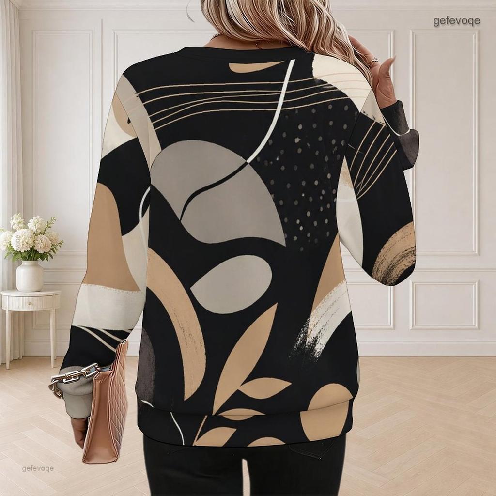 Women Plus Size Round Neck Long Sleeve Ribbed Cuffs Geometric Printed Sweatshirt