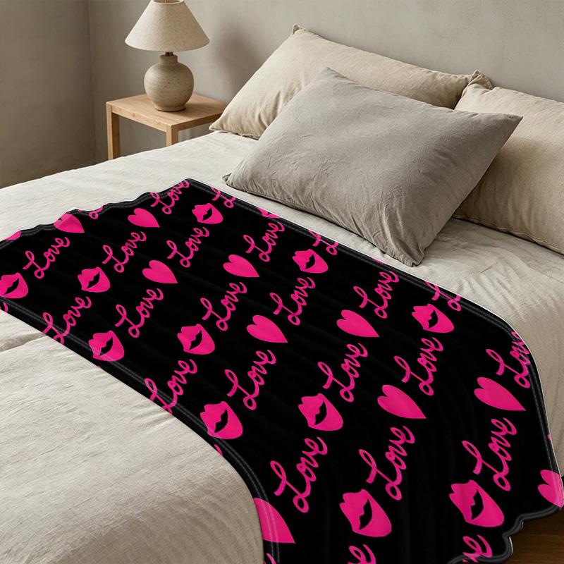Flannel Fleece Blanket Soft Warm Heart & Lip Pattern Throw, Cozy Bedroom Home Decor, Perfect Valentine's Gift for Relaxation