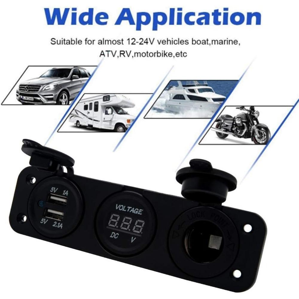 Dual USB Socket Charger + LED Voltmeter + 12V / 24V Power Outlet 3 In 1 Multi-function Three Hole Panel for Truck Trailer Boat Camper Motorhome