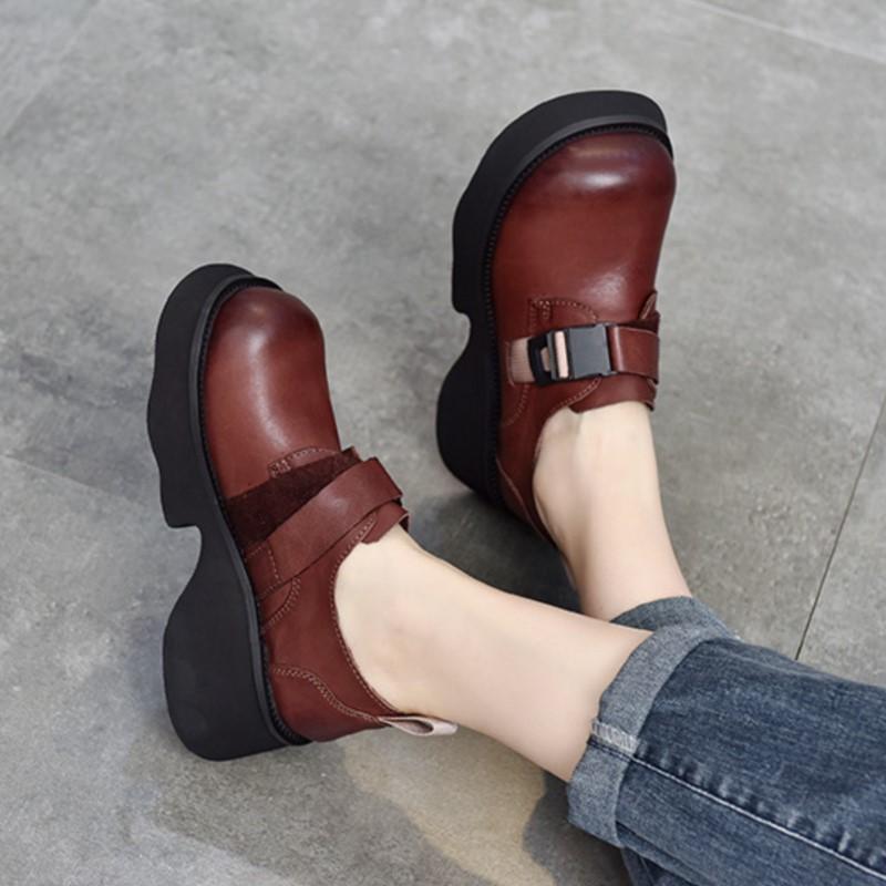 Johnature Dicke Sohlen-Pumps, leicht, echtes Leder, vielseitige Retro-Damen-Plateauschuhe mit runder Zehenpartie