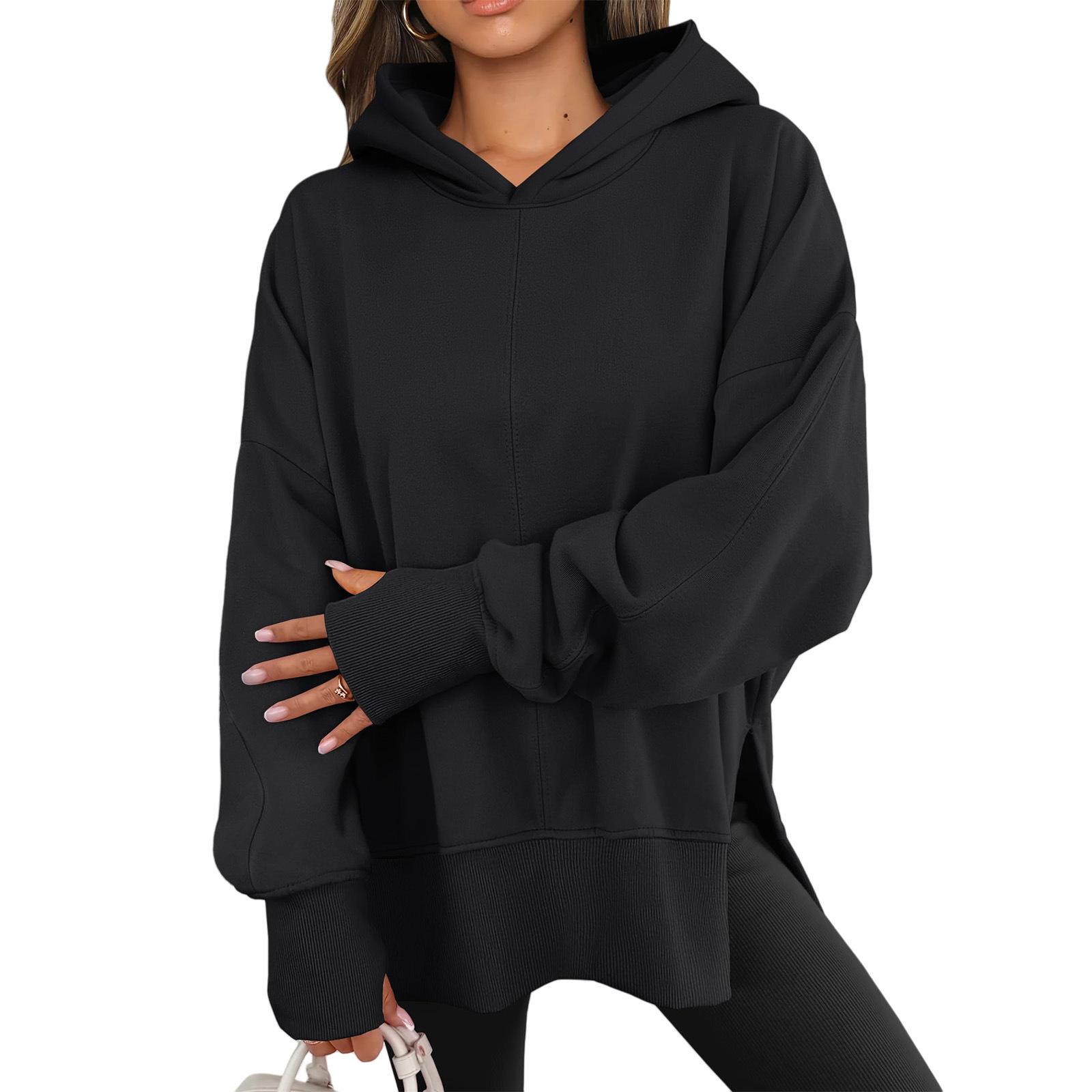 

Women s Solid Color Slit Round Neck Sweatshirt Casual Top Loose Long Sleeved Top L