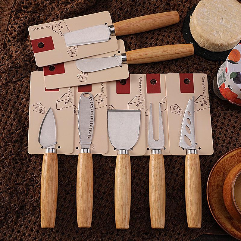 Stainless Steel Cheese Knife & Fork Set, Rubber Wood Handles - Western Tableware