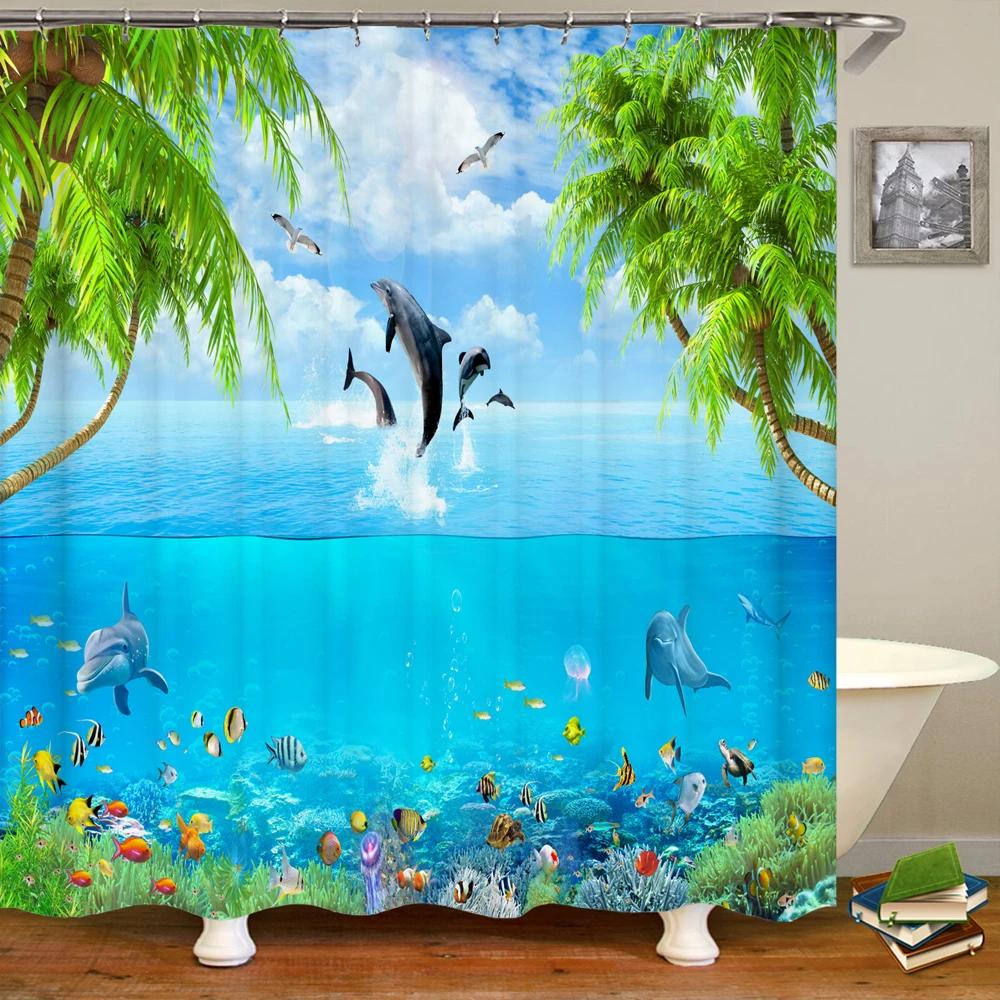 Nature Landscape Shower Curtain 3D Dolphin Shell Beach Scenery Bathroom Curtain Home Decor Waterproof Polyester Bath Accessories