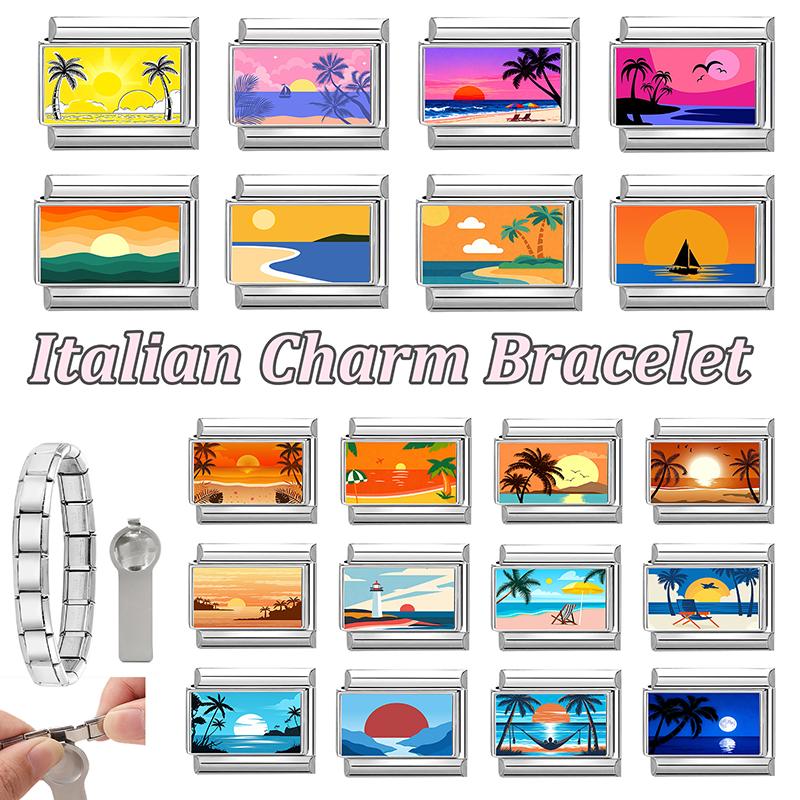 New Brilliant Sunrise Sunset Beach Coconut Trees Scenery Italian Charm Links Fit 9MM Stainless Steel Bracelet DIY Making Gift