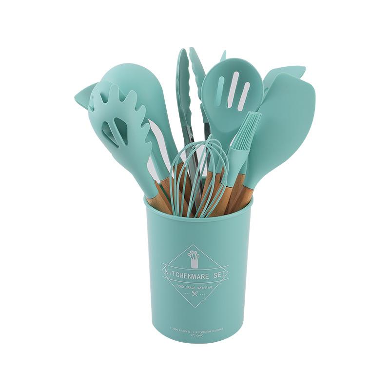 

Wooden handle silicone kitchenware eleven-piece set household cooking spoon Nordic style long handle nordic green 860 - set