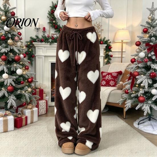 Soft Drawstring Sleeping Trousers Women Fuzzy Pants, Heart Print Wide Leg Pajama Bottoms with Elastic Cozy Winter Home Pants Waist Drawstring,