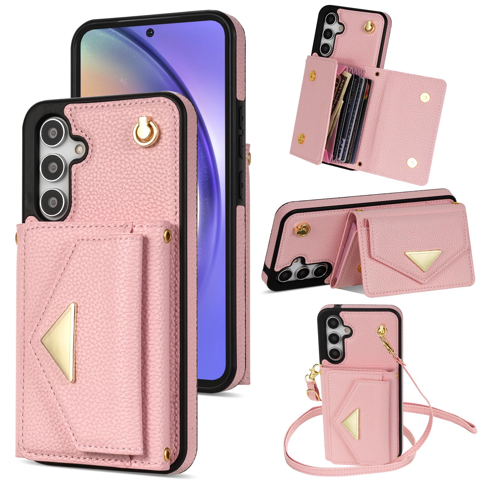 

For Samsung Galaxy S24 FE Case Card Slots PU+TPU Cell Phone Cover with Long Strap Pink