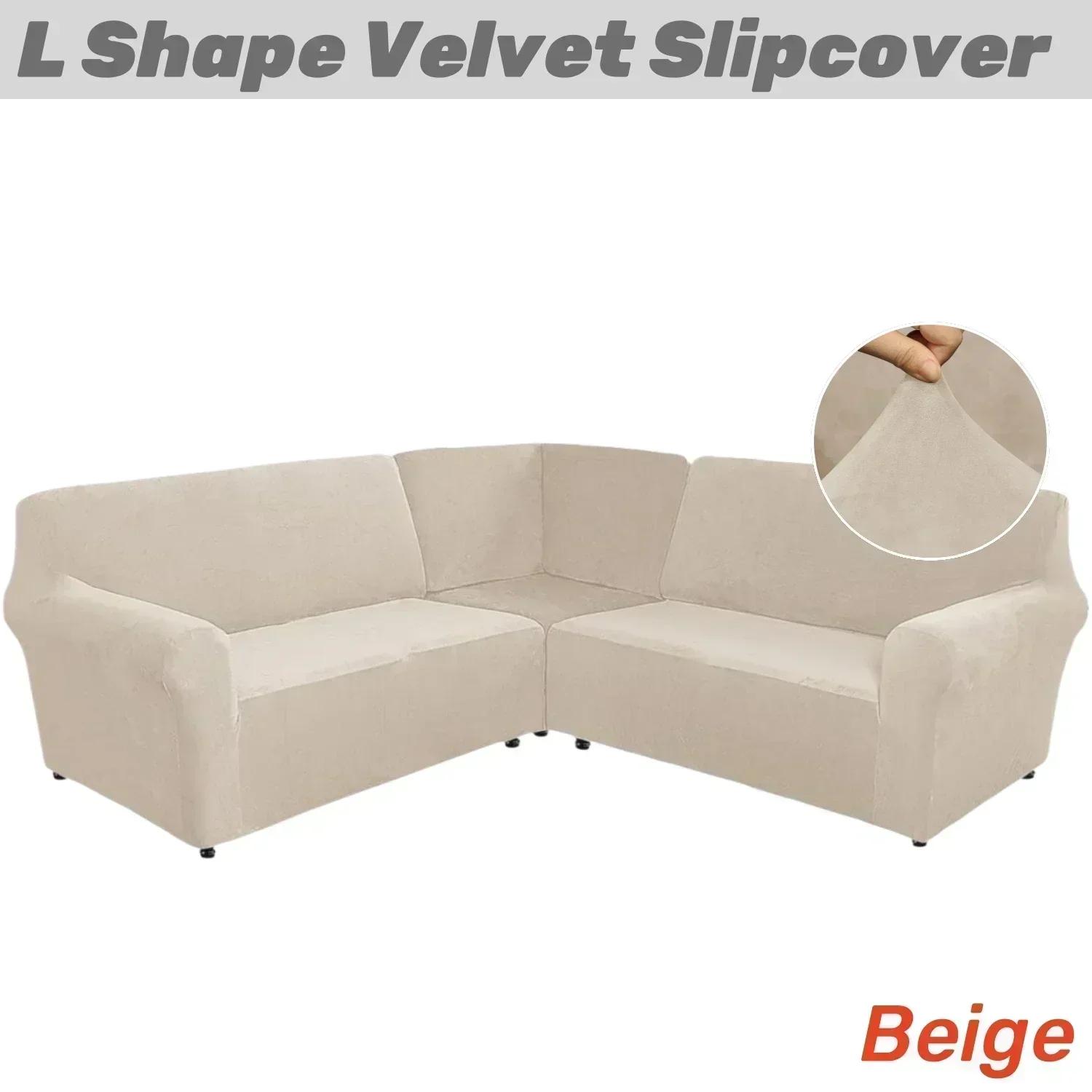 Velvet 3 Pcs L Shaped Couch Covers Sectional Sofa Corner Sofa Cover Plush Stretch 5 Seater Corner Sofa Slipcover Couch Protector 5 Seater Sofa Cover