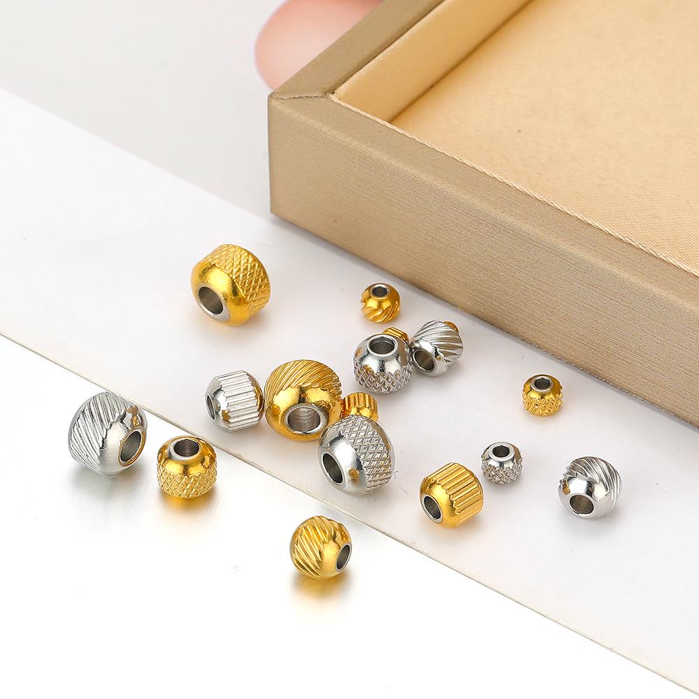 50pcs Stainless Steel Beads 18k Gold Color 4mm 6mm 8mm Ridged Cyclinder Tube Spacer Loose Beads for Jewelry Making DIY Findings