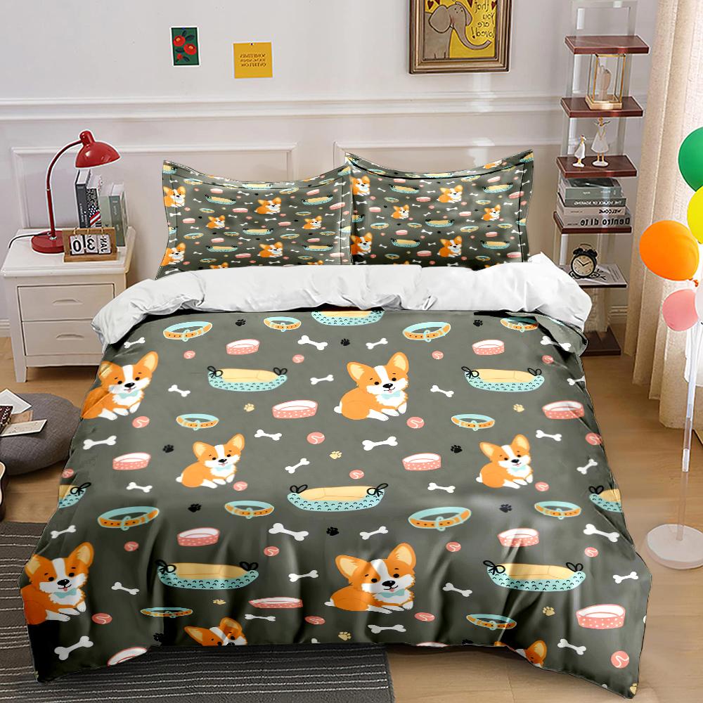 Wzór z kreskówkowymi psami corgi i akcesoriami Zestaw pościeli dla dzieci Luksusowy prezent Zestaw kołdry 3 szt. Nadruk cyfrowy Miękki Komfortowy