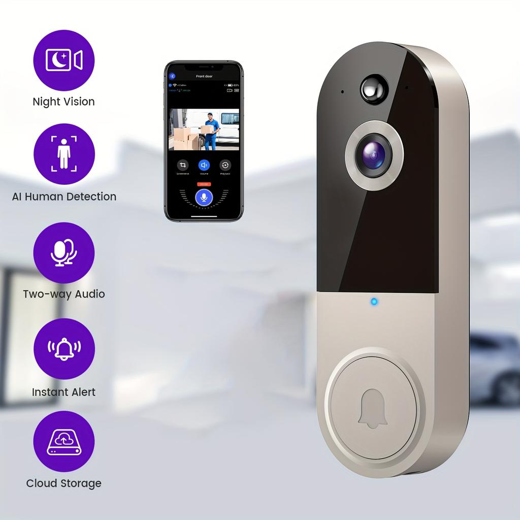 Wireless Video Doorbell Camera, AI Human Detection, 2-Way Talk, Night Vision, Cloud Storage, Indoor Outdoor Surveillance