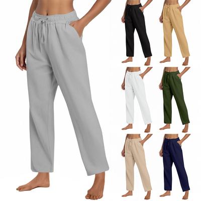 Women's Fashion Color Cotton Linen Loose Drawstring Straight Casual Wide Leg Pants